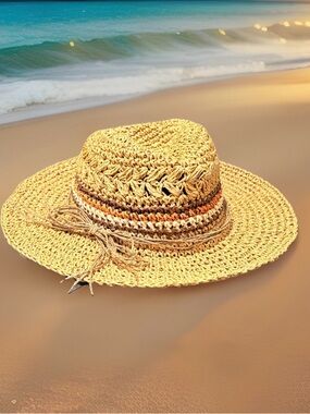 Scala Pronto Tan Straw Sun Hat Wide Brim Crochet Striped Band Twine Bow OS